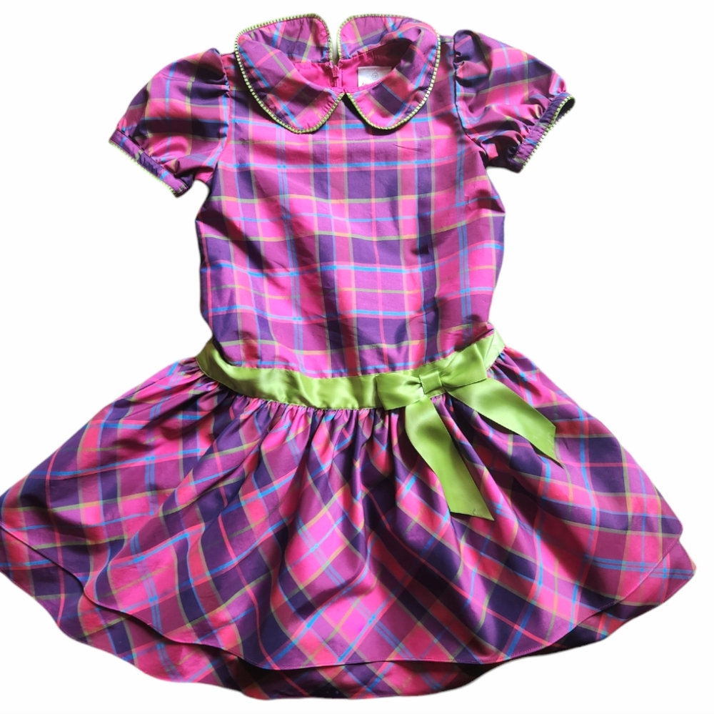 HANNA ANDERSSON Girls Pink Purple Plaid Party Dress Green Bow Tulle Lining 130